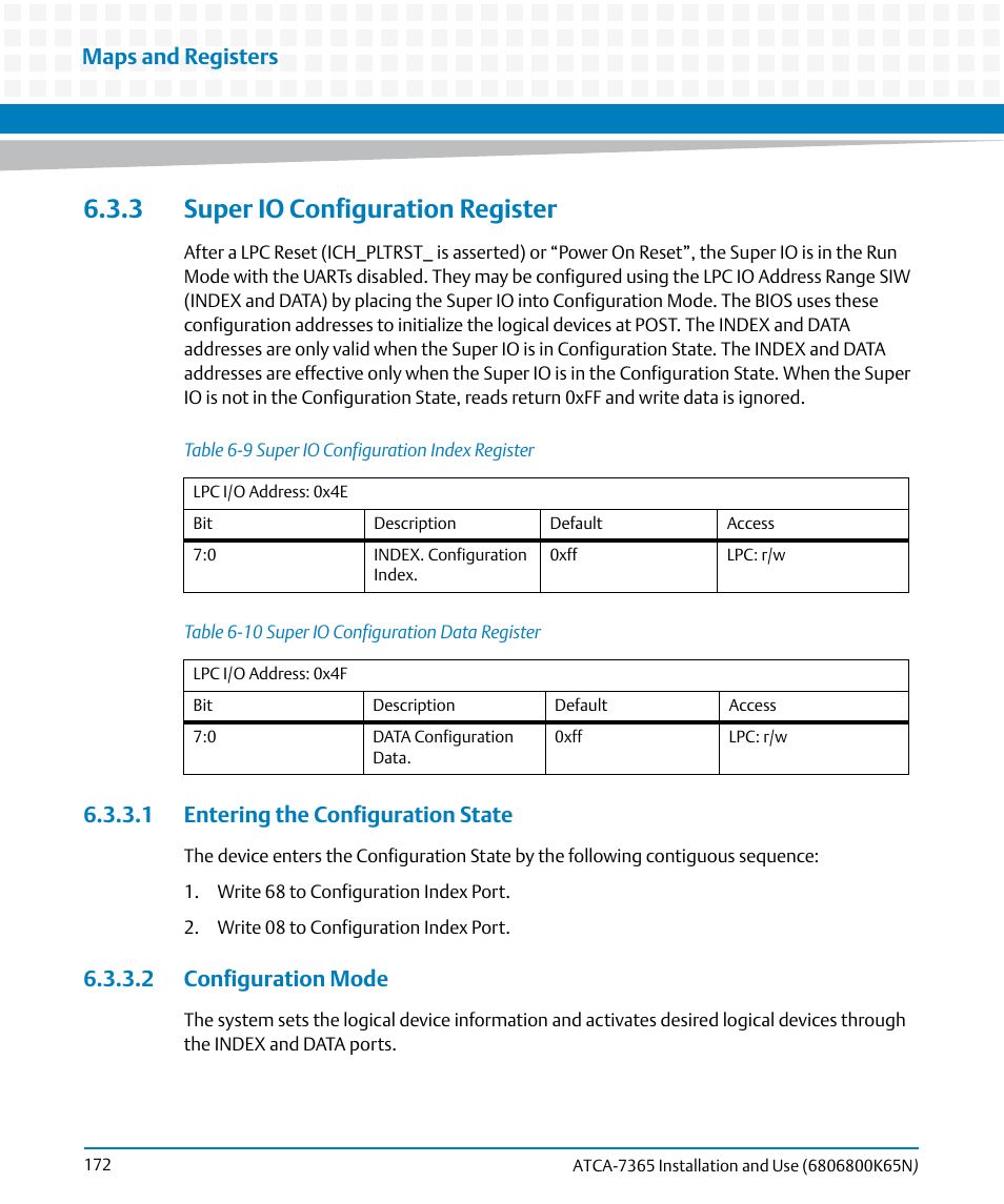 3 super io configuration register, 1 entering the configuration state, 2 configuration mode | Table 6-9, Super io configuration index register, Table 6-10, Super io configuration data register, Maps and registers | Artesyn ATCA-7365 Installation and Use (November 2014) User Manual | Page 172 / 306