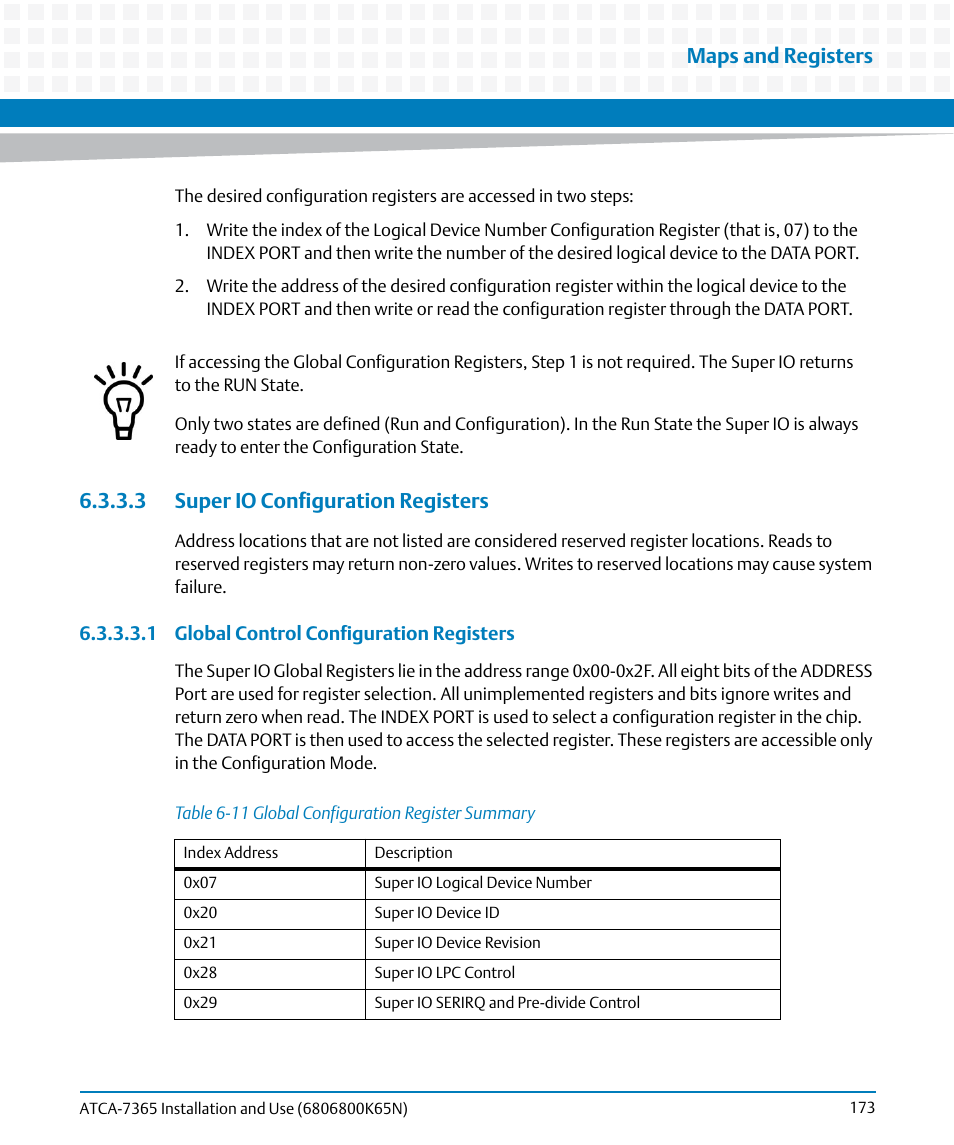3 super io configuration registers, Table 6-11, Global configuration register summary | Maps and registers | Artesyn ATCA-7365 Installation and Use (November 2014) User Manual | Page 173 / 306