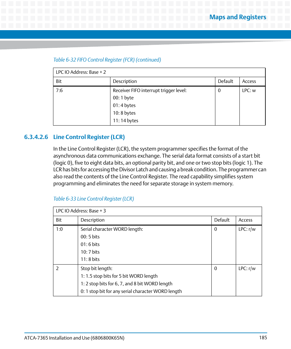 Table 6-33, Line control register (lcr), Maps and registers | Artesyn ATCA-7365 Installation and Use (November 2014) User Manual | Page 185 / 306