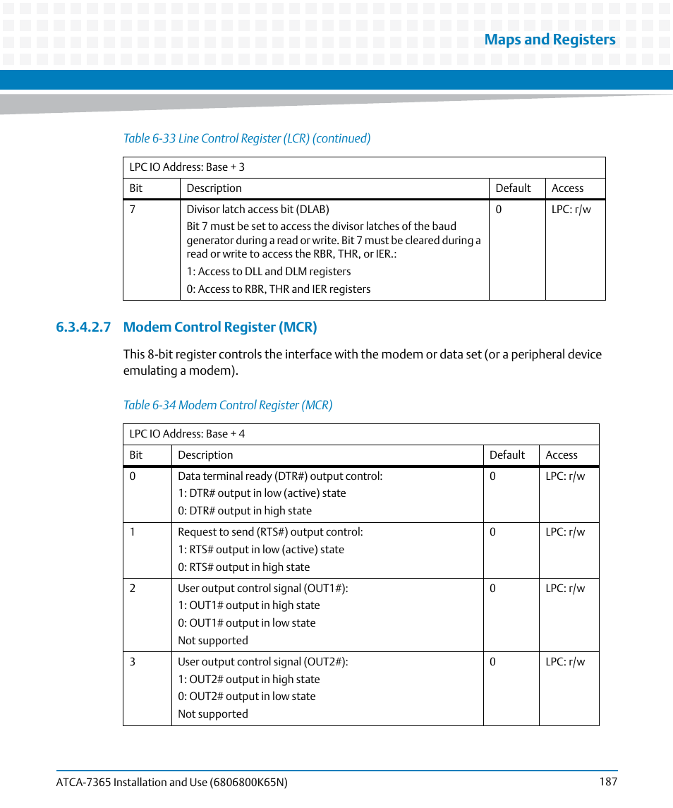 Table 6-34, Modem control register (mcr), Maps and registers | 7 modem control register (mcr) | Artesyn ATCA-7365 Installation and Use (November 2014) User Manual | Page 187 / 306