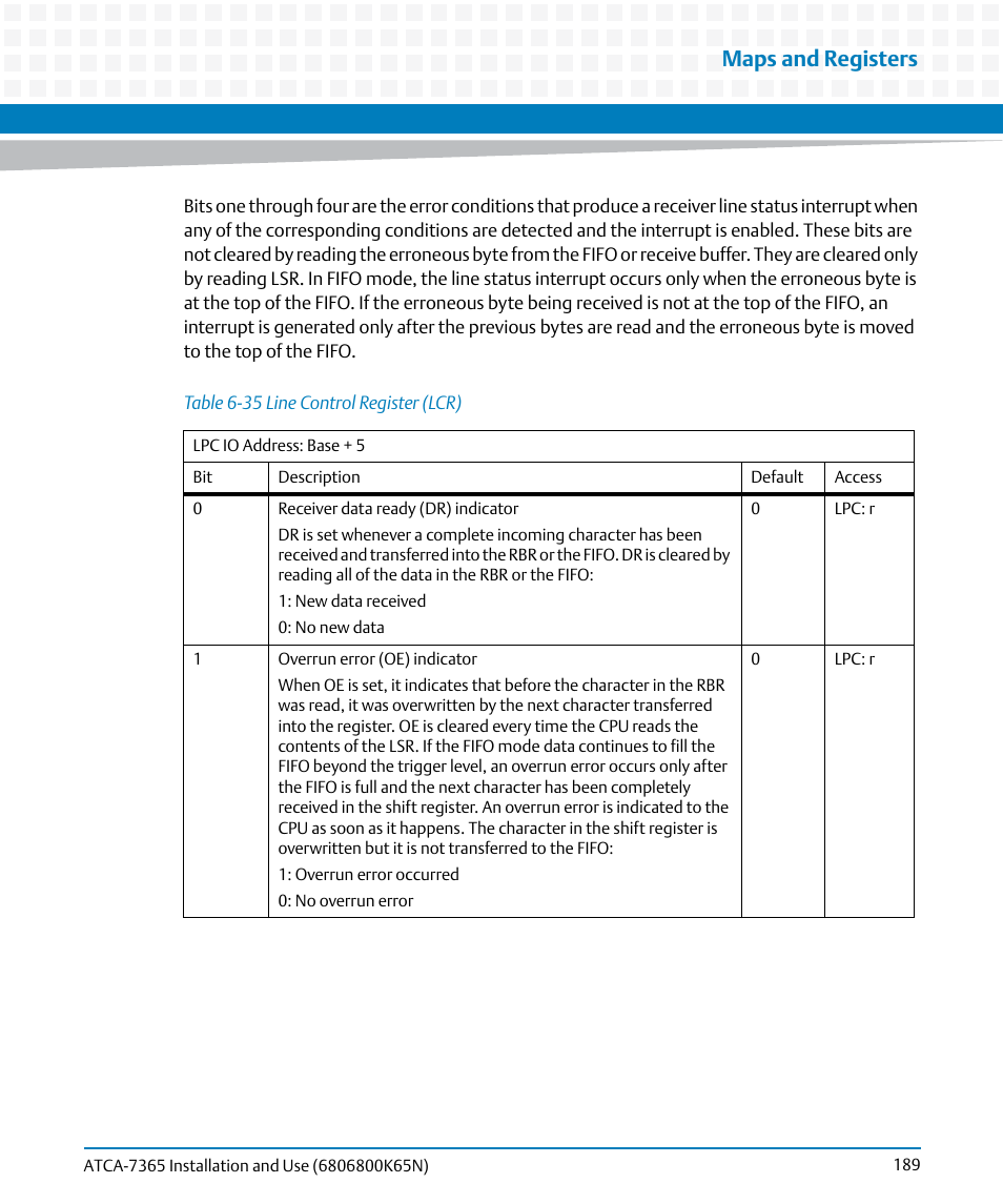 Table 6-35, Line control register (lcr), Maps and registers | Artesyn ATCA-7365 Installation and Use (November 2014) User Manual | Page 189 / 306