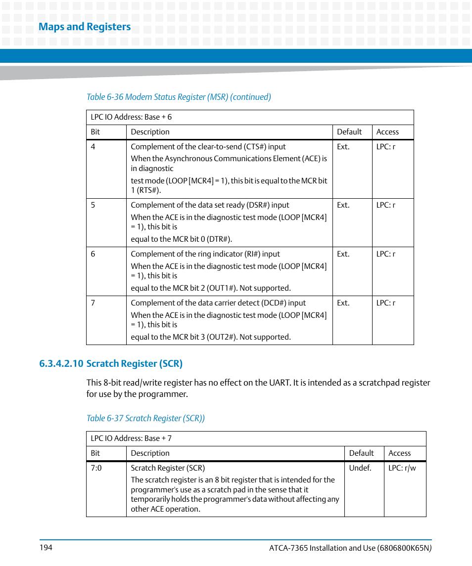 Table 6-37, Scratch register (scr)), Maps and registers | 10 scratch register (scr) | Artesyn ATCA-7365 Installation and Use (November 2014) User Manual | Page 194 / 306