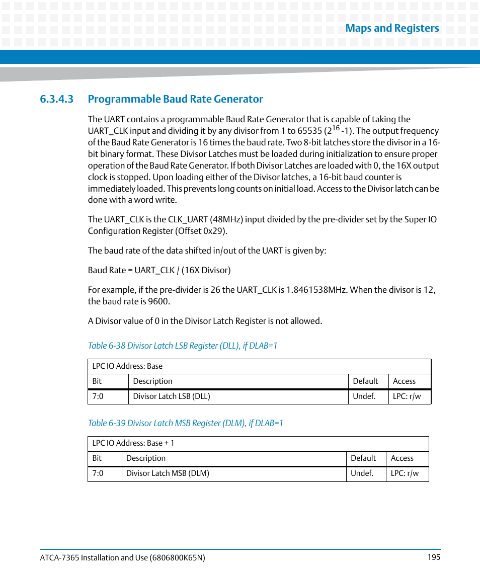 3 programmable baud rate generator, Table 6-38, Divisor latch lsb register (dll), if dlab=1 | Table 6-39, Divisor latch msb register (dlm), if dlab=1, Maps and registers | Artesyn ATCA-7365 Installation and Use (November 2014) User Manual | Page 195 / 306