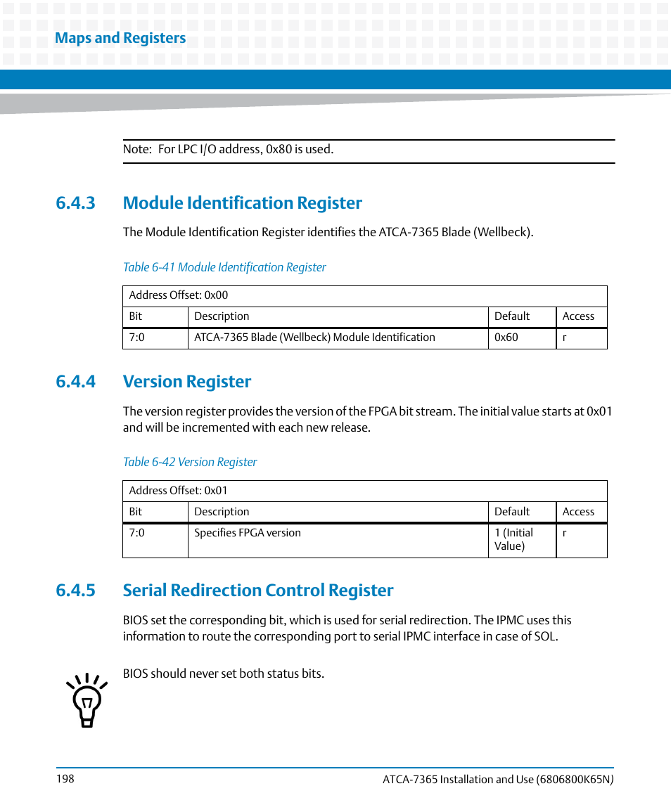 3 module identification register, 4 version register, 5 serial redirection control register | Table 6-41, Module identification register, Table 6-42, Version register, Maps and registers | Artesyn ATCA-7365 Installation and Use (November 2014) User Manual | Page 198 / 306
