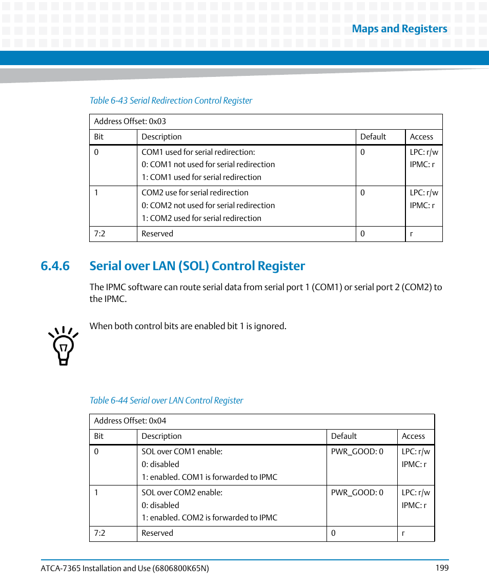 6 serial over lan (sol) control register, Table 6-43, Serial redirection control register | Table 6-44, Serial over lan control register, Maps and registers | Artesyn ATCA-7365 Installation and Use (November 2014) User Manual | Page 199 / 306