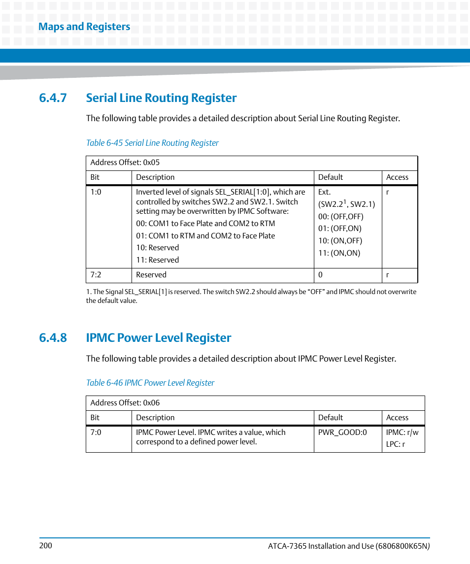 7 serial line routing register, 8 ipmc power level register, Table 6-45 | Serial line routing register, Table 6-46, Ipmc power level register, Maps and registers | Artesyn ATCA-7365 Installation and Use (November 2014) User Manual | Page 200 / 306