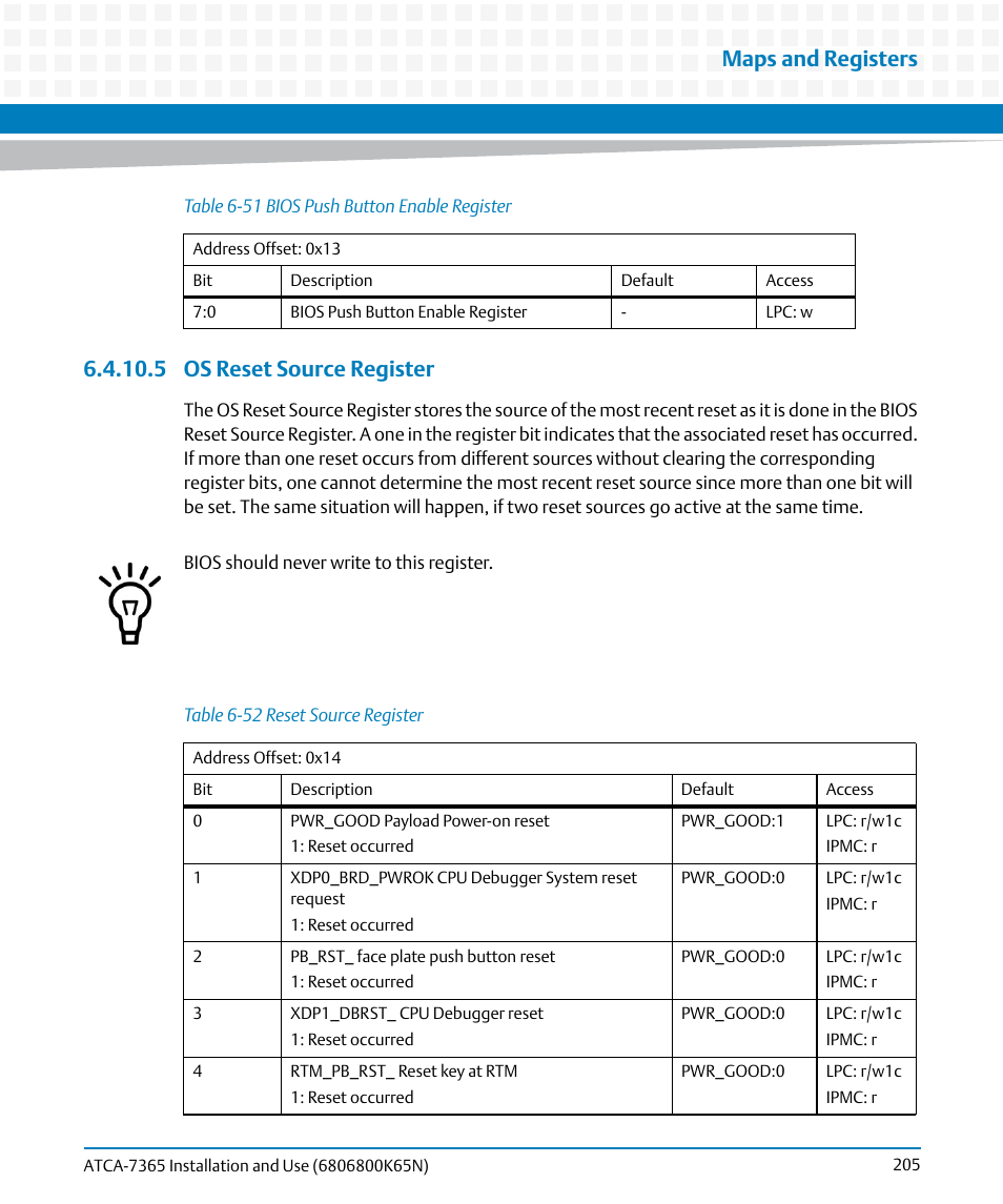 5 os reset source register, Table 6-51, Bios push button enable register | Table 6-52, Reset source register, Maps and registers | Artesyn ATCA-7365 Installation and Use (November 2014) User Manual | Page 205 / 306
