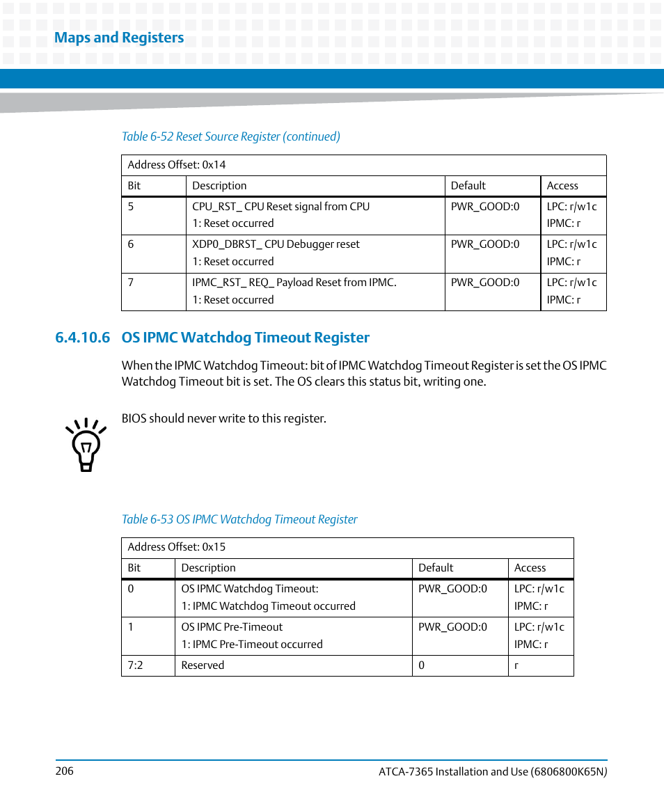 6 os ipmc watchdog timeout register, Table 6-53, Os ipmc watchdog timeout register | Maps and registers | Artesyn ATCA-7365 Installation and Use (November 2014) User Manual | Page 206 / 306