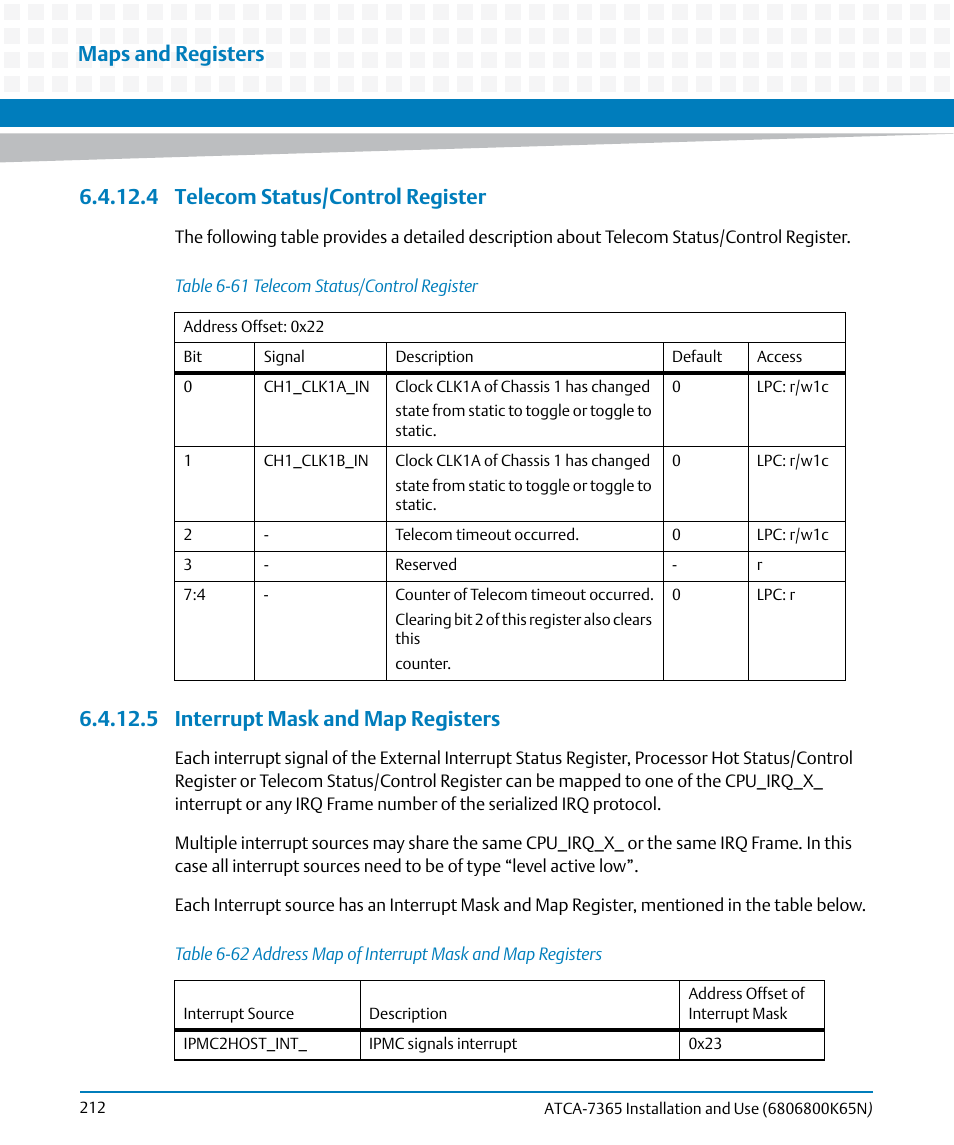 4 telecom status/control register, 5 interrupt mask and map registers, Table 6-61 | Telecom status/control register, Table 6-62, Address map of interrupt mask and map registers, Maps and registers | Artesyn ATCA-7365 Installation and Use (November 2014) User Manual | Page 212 / 306