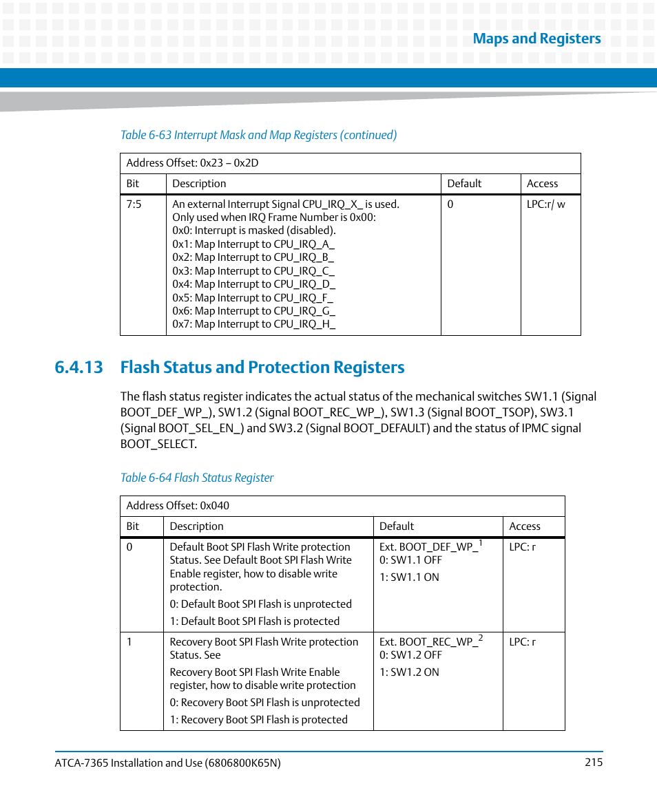 13 flash status and protection registers, Table 6-64, Flash status register | Maps and registers | Artesyn ATCA-7365 Installation and Use (November 2014) User Manual | Page 215 / 306