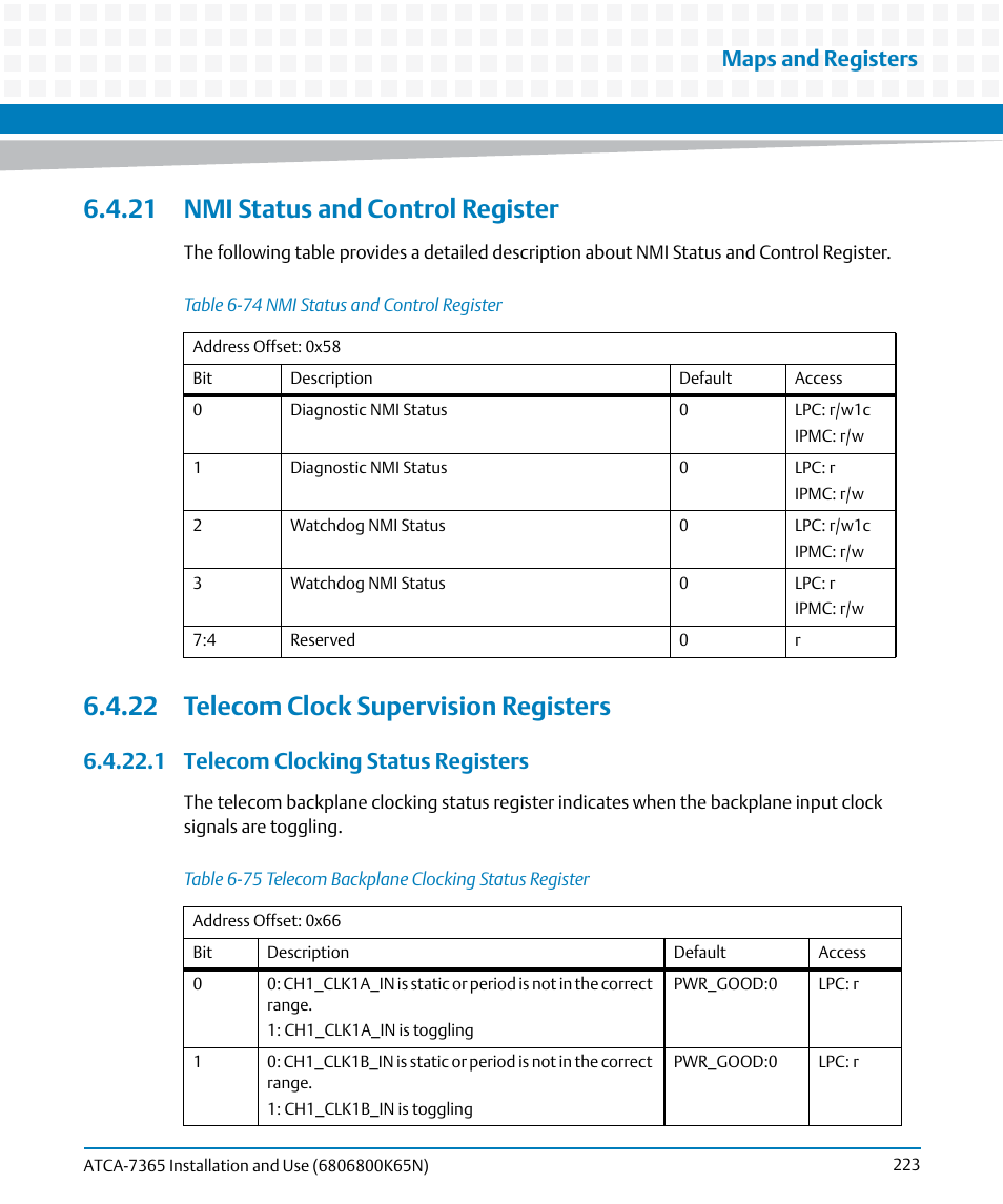 21 nmi status and control register, 22 telecom clock supervision registers, 1 telecom clocking status registers | Table 6-74, Nmi status and control register, Table 6-75, Telecom backplane clocking status register, Maps and registers | Artesyn ATCA-7365 Installation and Use (November 2014) User Manual | Page 223 / 306