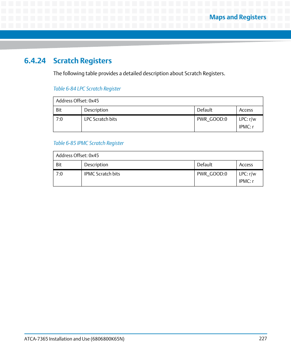 24 scratch registers, Table 6-84, Lpc scratch register | Table 6-85, Ipmc scratch register, Maps and registers | Artesyn ATCA-7365 Installation and Use (November 2014) User Manual | Page 227 / 306