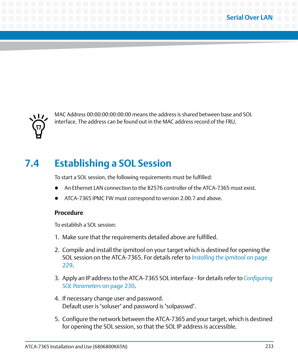 4 establishing a sol session | Artesyn ATCA-7365 Installation and Use (November 2014) User Manual | Page 233 / 306
