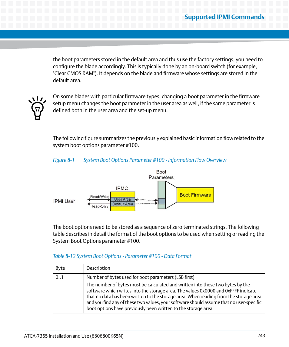 Table 8-12, System boot options - parameter #100 - data format, Figure 8-1 | Supported ipmi commands | Artesyn ATCA-7365 Installation and Use (November 2014) User Manual | Page 243 / 306