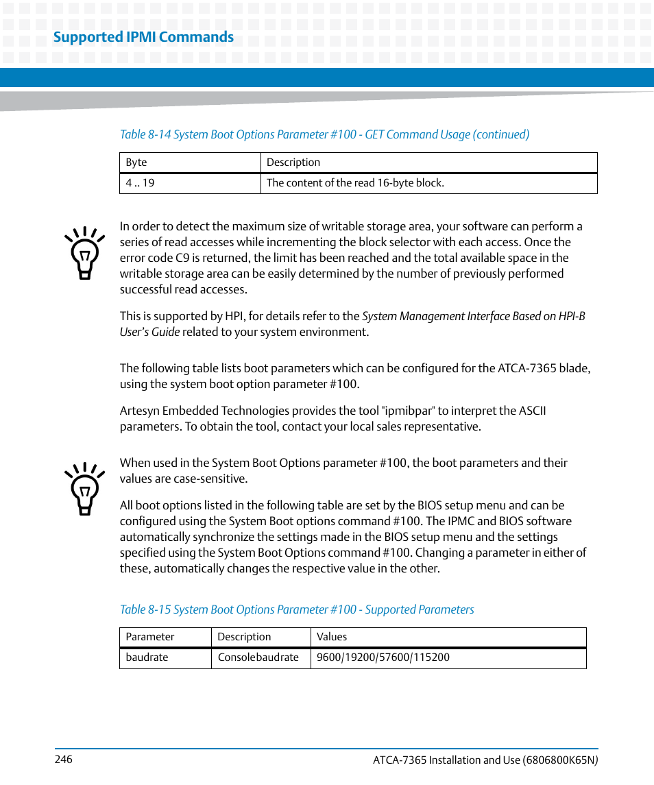 Table 8-15, Supported ipmi commands | Artesyn ATCA-7365 Installation and Use (November 2014) User Manual | Page 246 / 306