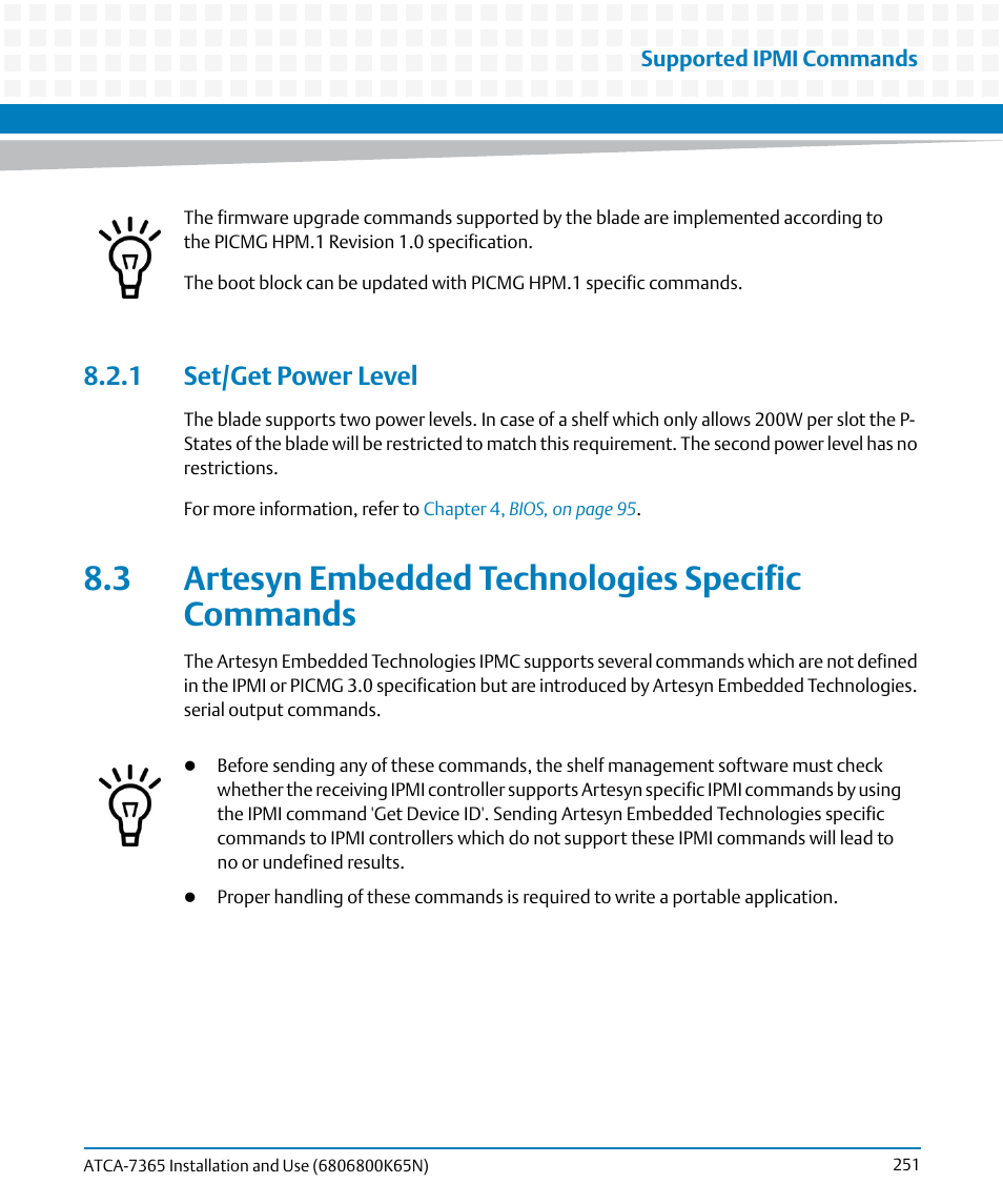 1 set/get power level, 3 artesyn embedded technologies specific commands | Artesyn ATCA-7365 Installation and Use (November 2014) User Manual | Page 251 / 306