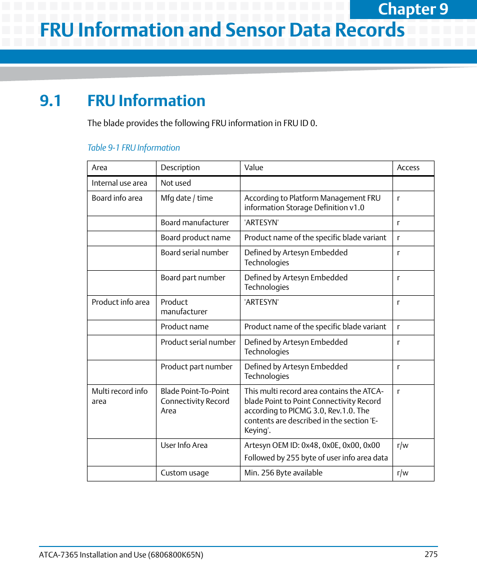 Fru information and sensor data records, 1 fru information, Table 9-1 | Fru information, Chapter 9 | Artesyn ATCA-7365 Installation and Use (November 2014) User Manual | Page 275 / 306