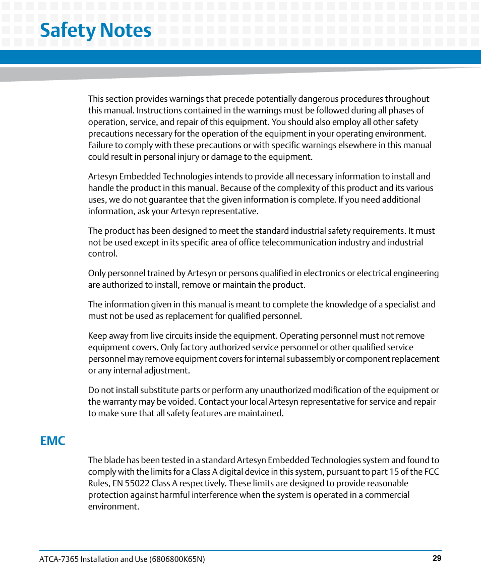 Safety notes | Artesyn ATCA-7365 Installation and Use (November 2014) User Manual | Page 29 / 306