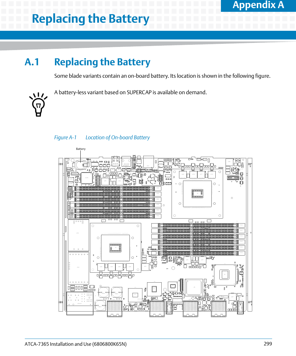 A replacing the battery, A.1 replacing the battery, Figure a-1 | Location of on-board battery, Replacing the battery, Appendix a, L35 l39, Mh10, C3132, C1508 | Artesyn ATCA-7365 Installation and Use (November 2014) User Manual | Page 299 / 306