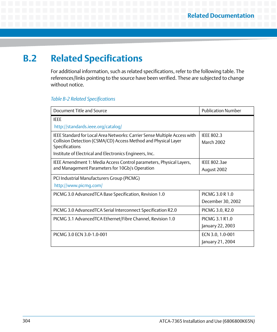 B.2 related specifications, Related documentation | Artesyn ATCA-7365 Installation and Use (November 2014) User Manual | Page 304 / 306