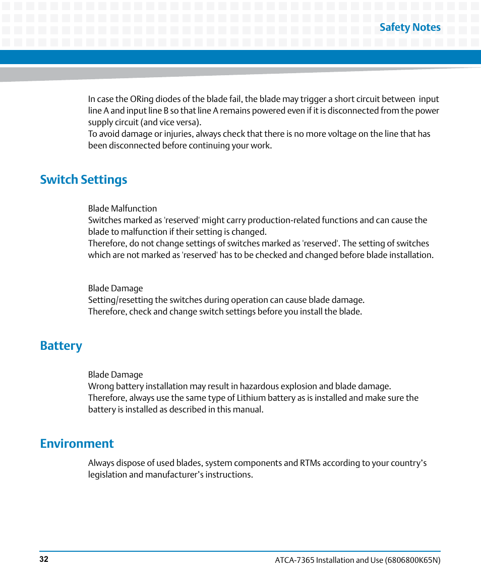 Switch settings, Battery, Environment | Artesyn ATCA-7365 Installation and Use (November 2014) User Manual | Page 32 / 306