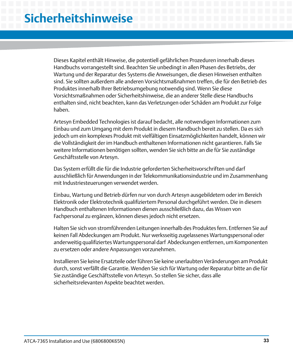 Sicherheitshinweise | Artesyn ATCA-7365 Installation and Use (November 2014) User Manual | Page 33 / 306