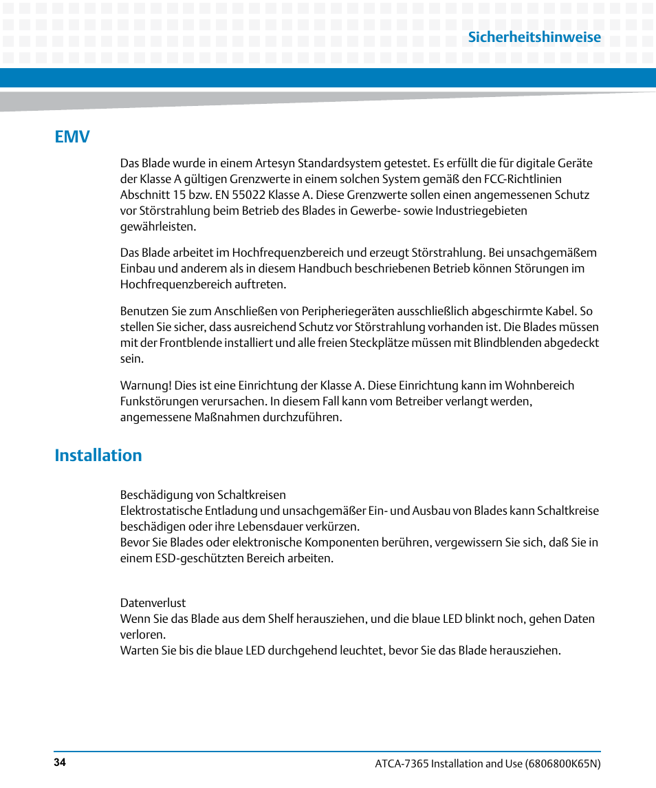 Installation | Artesyn ATCA-7365 Installation and Use (November 2014) User Manual | Page 34 / 306