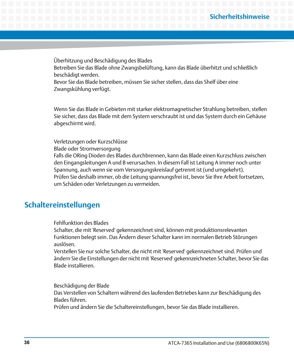 Schaltereinstellungen, Sicherheitshinweise | Artesyn ATCA-7365 Installation and Use (November 2014) User Manual | Page 36 / 306