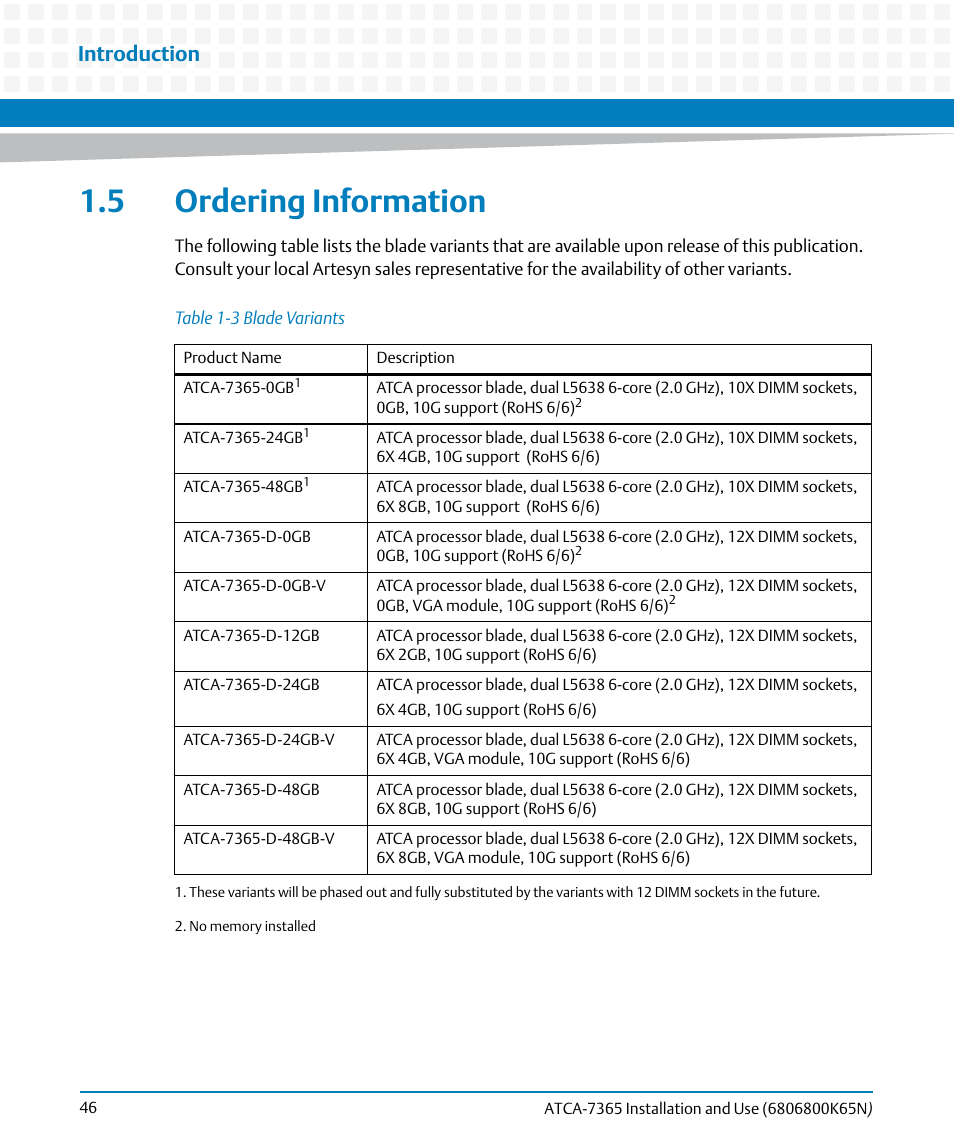5 ordering information, Table 1-3, Blade variants | Introduction | Artesyn ATCA-7365 Installation and Use (November 2014) User Manual | Page 46 / 306