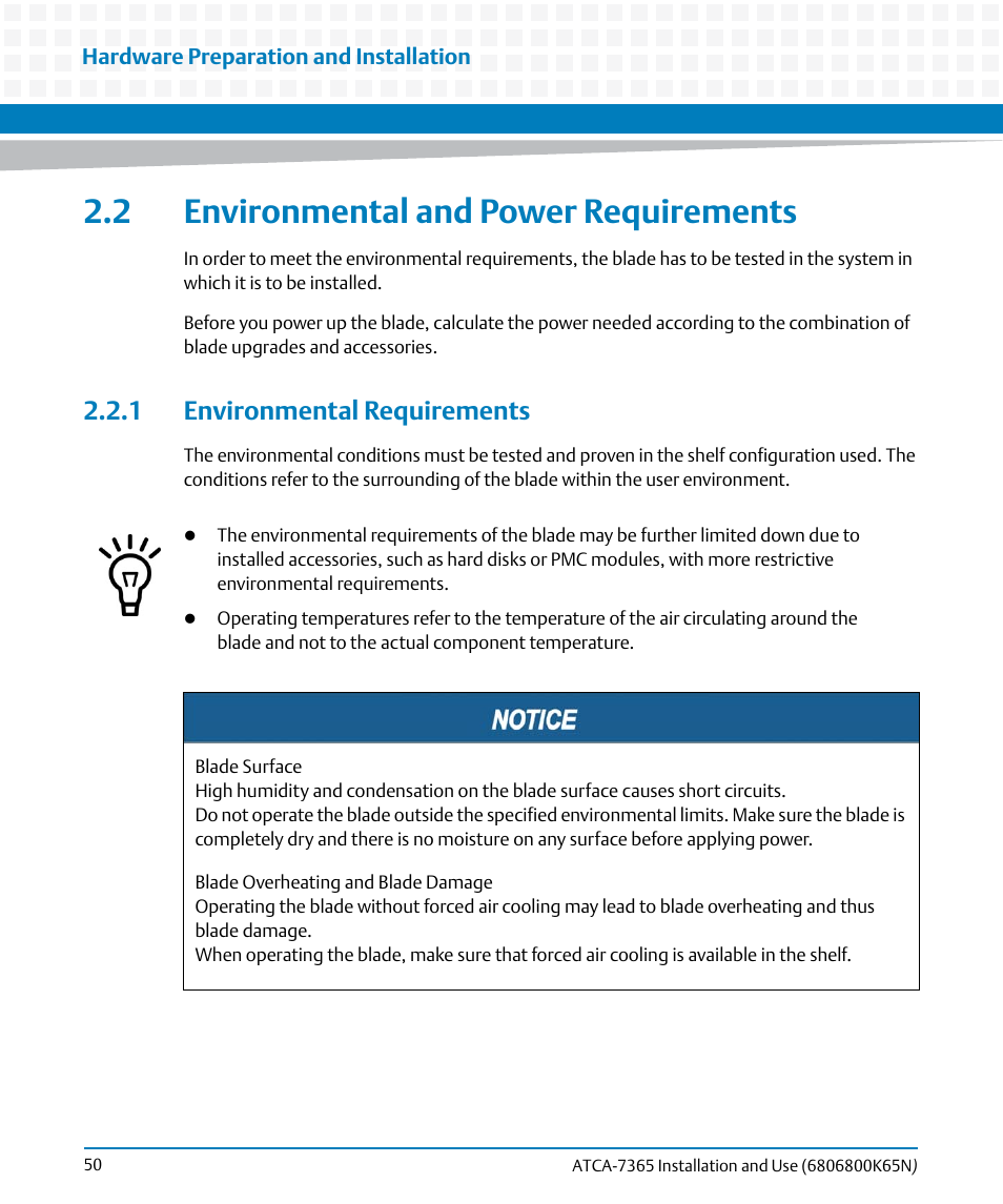 2 environmental and power requirements, 1 environmental requirements | Artesyn ATCA-7365 Installation and Use (November 2014) User Manual | Page 50 / 306