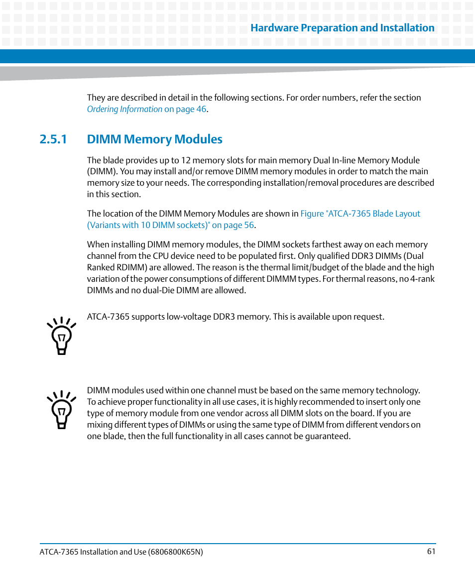 1 dimm memory modules, Dimm memory modules | Artesyn ATCA-7365 Installation and Use (November 2014) User Manual | Page 61 / 306