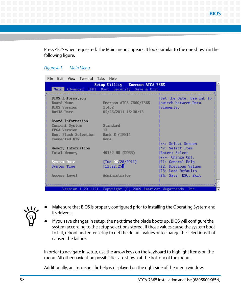Figure 4-1, Main menu, Bios | Artesyn ATCA-7365 Installation and Use (November 2014) User Manual | Page 98 / 306