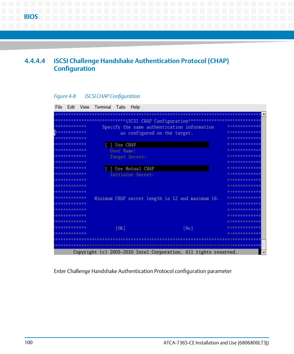 Figure 4-8, Iscsi chap configuration | Artesyn ATCA-7365-CE Installation and Use (May 2014) User Manual | Page 100 / 294