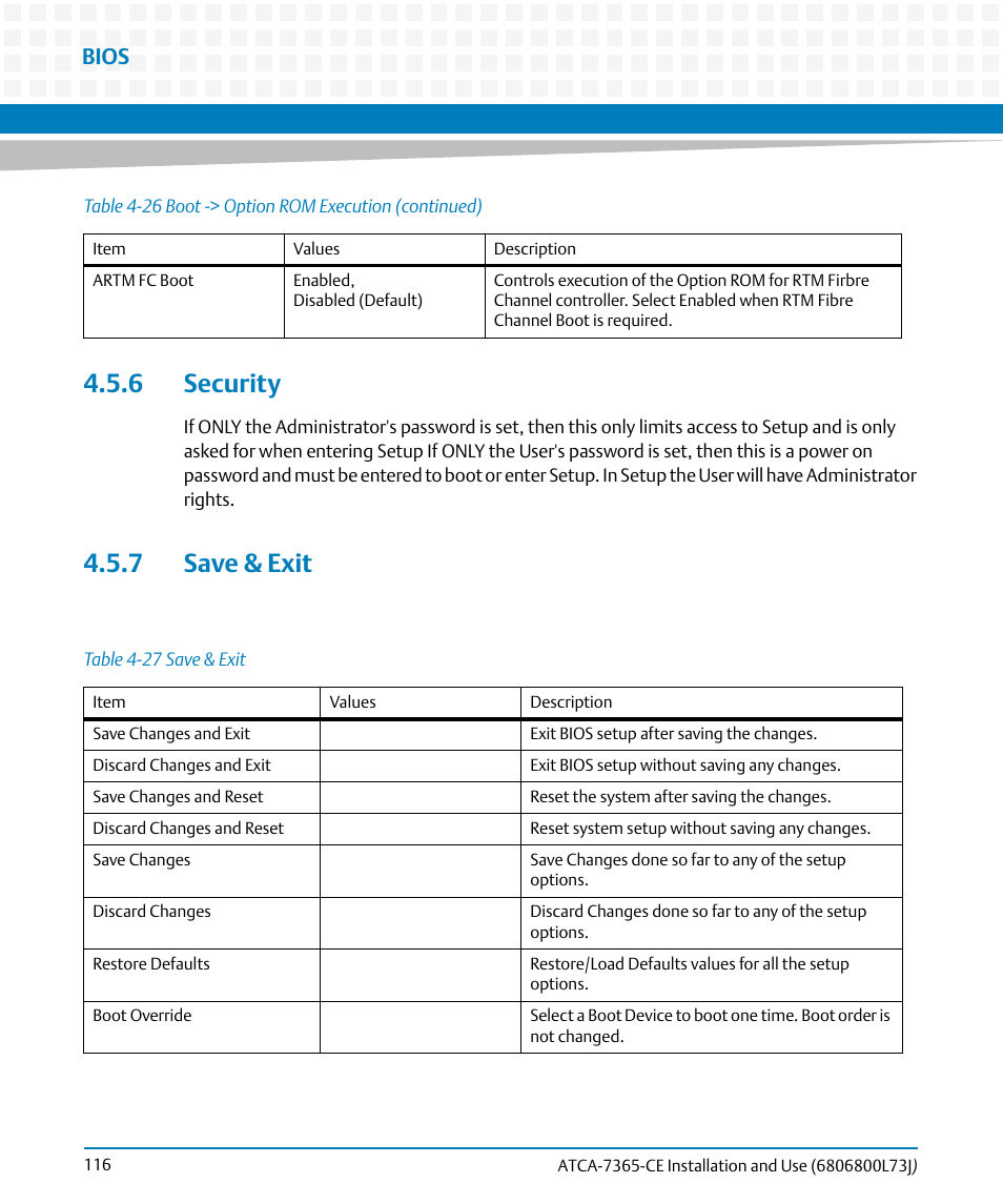 6 security, 7 save & exit, 6 security 4.5.7 save & exit | Table 4-27, Save & exit, Bios | Artesyn ATCA-7365-CE Installation and Use (May 2014) User Manual | Page 116 / 294