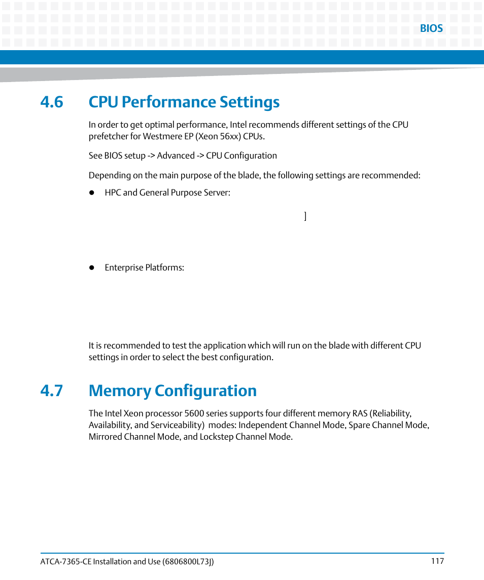 6 cpu performance settings, 7 memory configuration, Cpu performance settings | Artesyn ATCA-7365-CE Installation and Use (May 2014) User Manual | Page 117 / 294