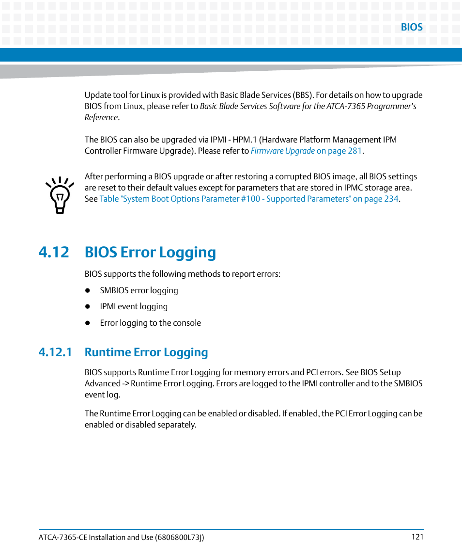12 bios error logging, 1 runtime error logging, Runtime error logging | Artesyn ATCA-7365-CE Installation and Use (May 2014) User Manual | Page 121 / 294