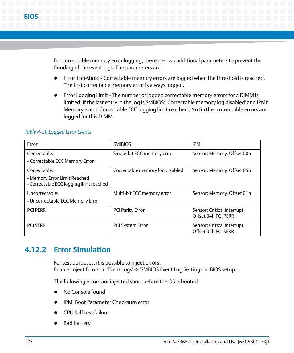 2 error simulation, Table 4-28, Logged error events | Bios | Artesyn ATCA-7365-CE Installation and Use (May 2014) User Manual | Page 122 / 294