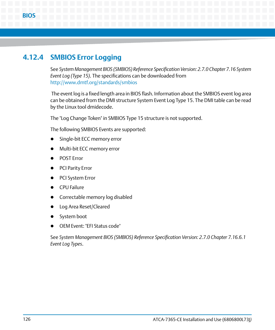 4 smbios error logging, Smbios error logging, Bios | Artesyn ATCA-7365-CE Installation and Use (May 2014) User Manual | Page 126 / 294