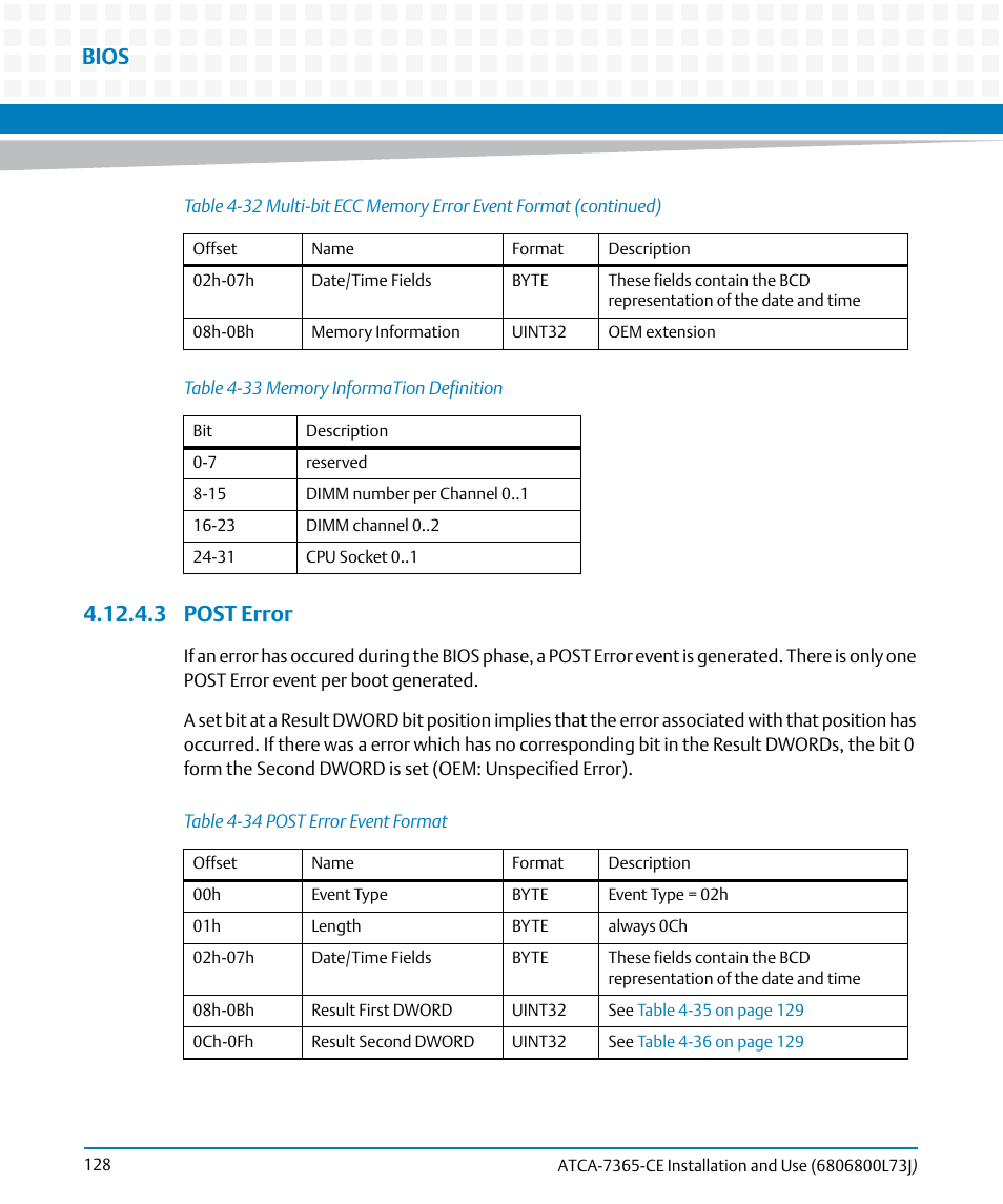 3 post error, Table 4-33, Memory information definition | Table 4-34, Post error event format, Bios | Artesyn ATCA-7365-CE Installation and Use (May 2014) User Manual | Page 128 / 294