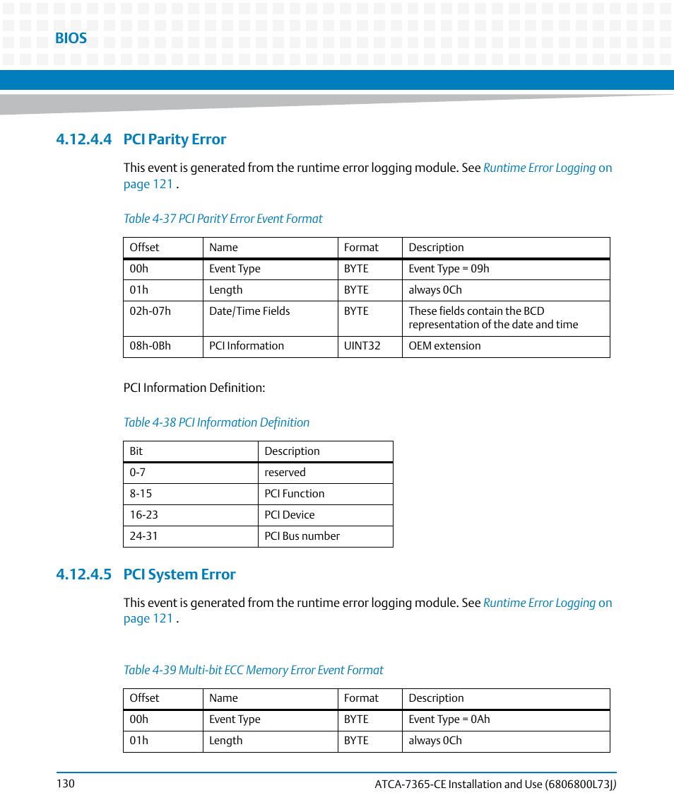 4 pci parity error, 5 pci system error, 4 pci parity error 4.12.4.5 pci system error | Table 4-37, Pci parity error event format, Table 4-38, Pci information definition, Table 4-39, Multi-bit ecc memory error event format, Bios | Artesyn ATCA-7365-CE Installation and Use (May 2014) User Manual | Page 130 / 294