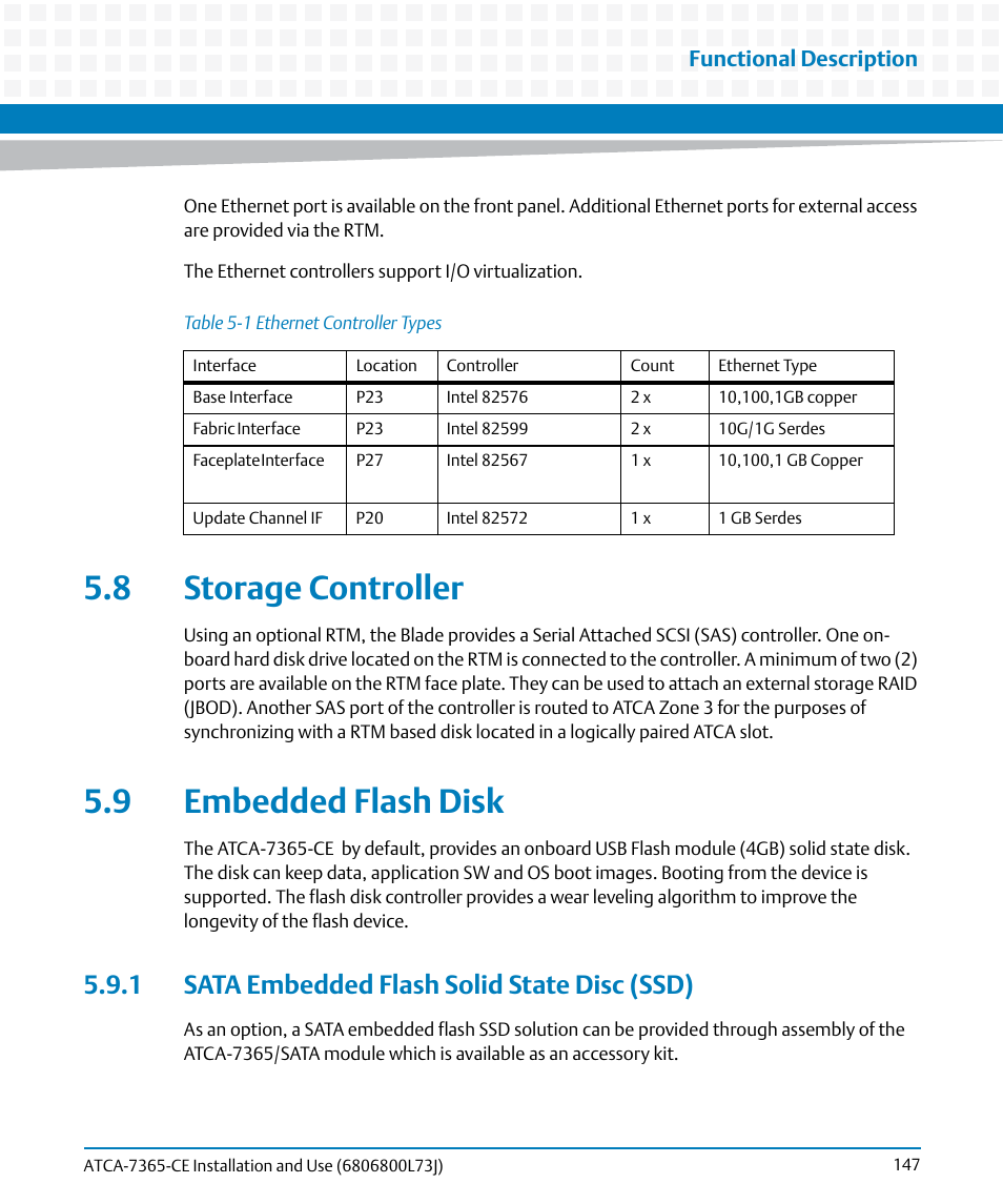 8 storage controller, 9 embedded flash disk, 1 sata embedded flash solid state disc (ssd) | 8 storage controller 5.9 embedded flash disk, Table 5-1, Ethernet controller types, Functional description | Artesyn ATCA-7365-CE Installation and Use (May 2014) User Manual | Page 147 / 294