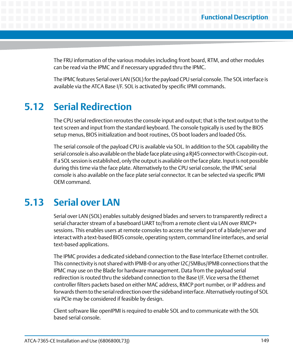 12 serial redirection, 13 serial over lan, 12 serial redirection 5.13 serial over lan | Artesyn ATCA-7365-CE Installation and Use (May 2014) User Manual | Page 149 / 294