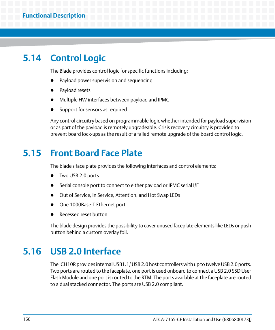 14 control logic, 15 front board face plate, 16 usb 2.0 interface | Artesyn ATCA-7365-CE Installation and Use (May 2014) User Manual | Page 150 / 294