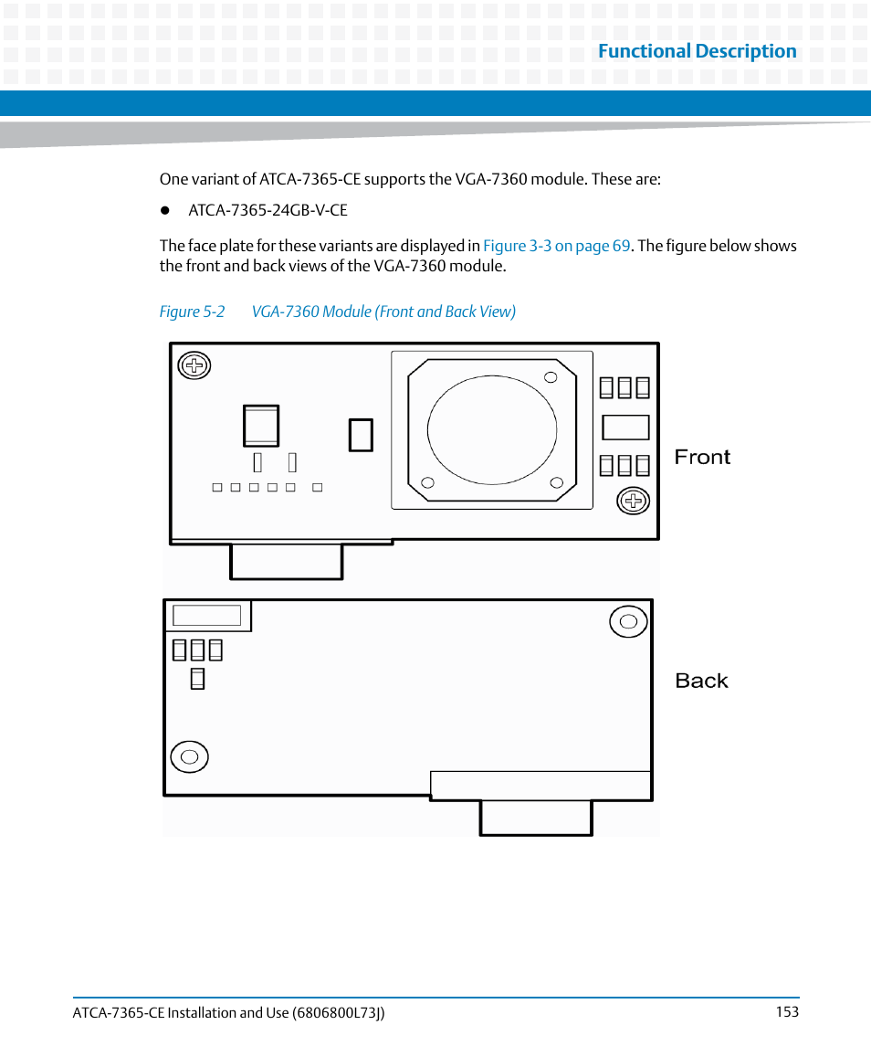 Figure 5-2, Vga-7360 module (front and back view), Functional description | Artesyn ATCA-7365-CE Installation and Use (May 2014) User Manual | Page 153 / 294