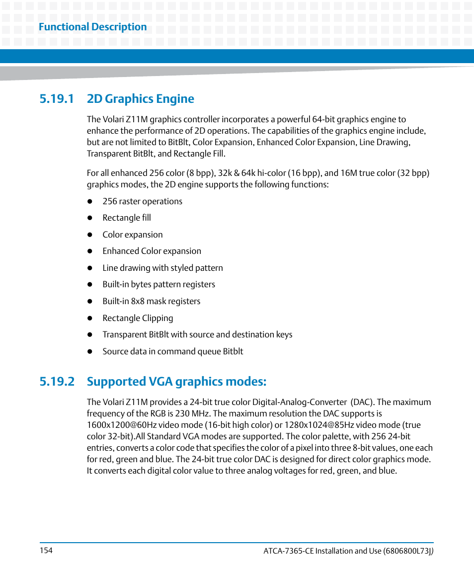 1 2d graphics engine, 2 supported vga graphics modes, Functional description | Artesyn ATCA-7365-CE Installation and Use (May 2014) User Manual | Page 154 / 294