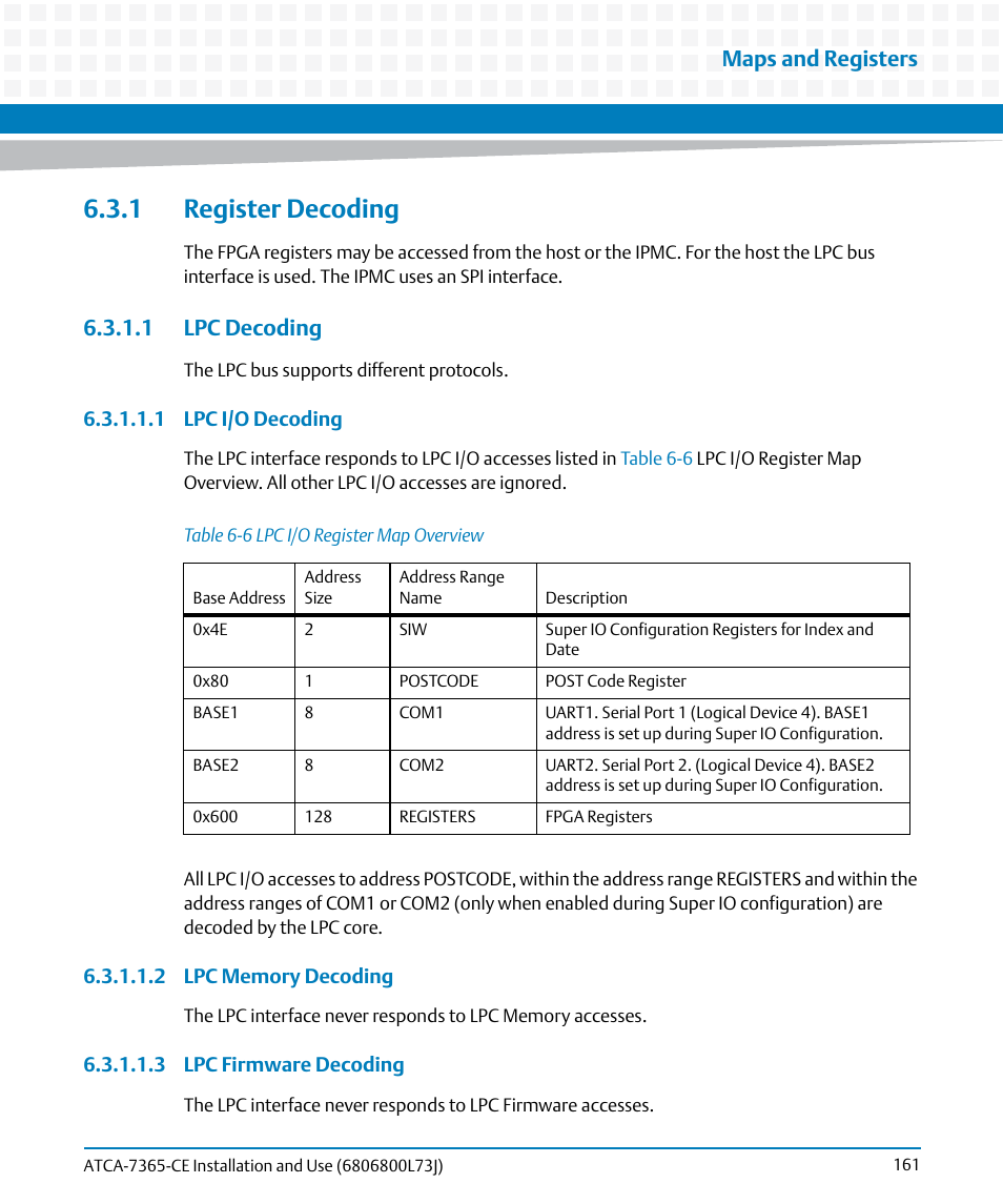 1 register decoding, 1 lpc decoding, Table 6-6 | Lpc i/o register map overview, Maps and registers | Artesyn ATCA-7365-CE Installation and Use (May 2014) User Manual | Page 161 / 294