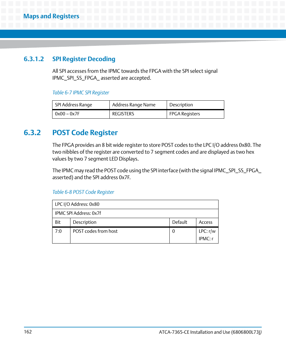 2 spi register decoding, 2 post code register, Table 6-7 | Ipmc spi register, Table 6-8, Post code register, Maps and registers | Artesyn ATCA-7365-CE Installation and Use (May 2014) User Manual | Page 162 / 294