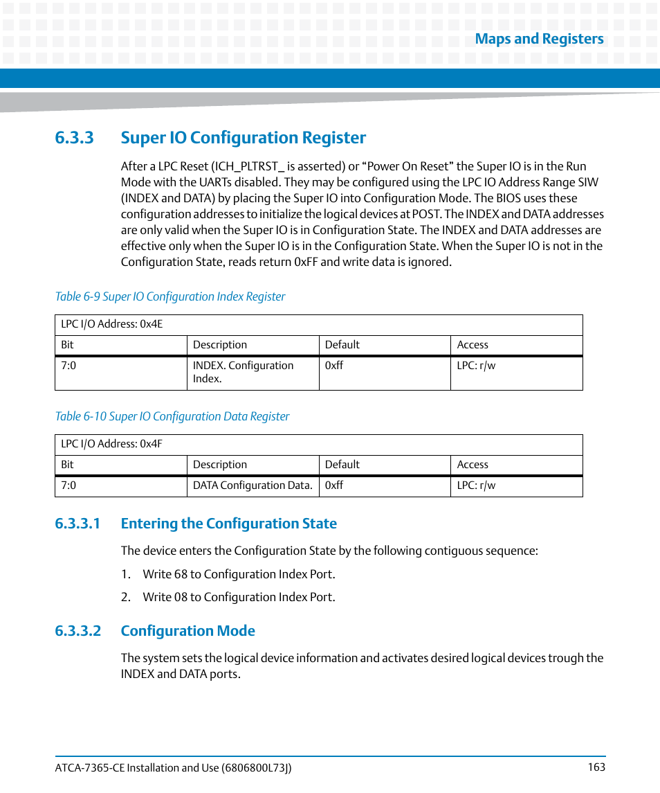 3 super io configuration register, 1 entering the configuration state, 2 configuration mode | Table 6-9, Super io configuration index register, Table 6-10, Super io configuration data register, Maps and registers | Artesyn ATCA-7365-CE Installation and Use (May 2014) User Manual | Page 163 / 294