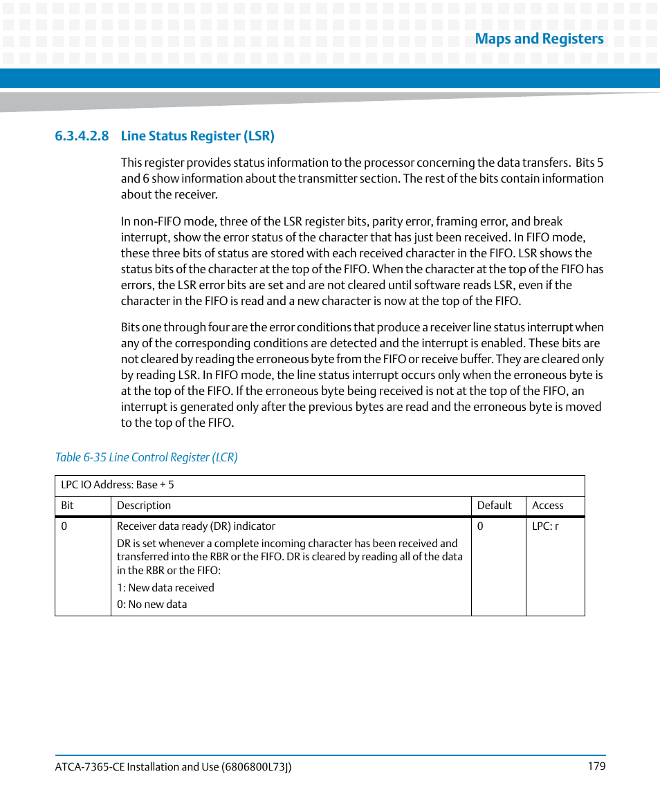 Table 6-35, Line control register (lcr), Maps and registers | Artesyn ATCA-7365-CE Installation and Use (May 2014) User Manual | Page 179 / 294