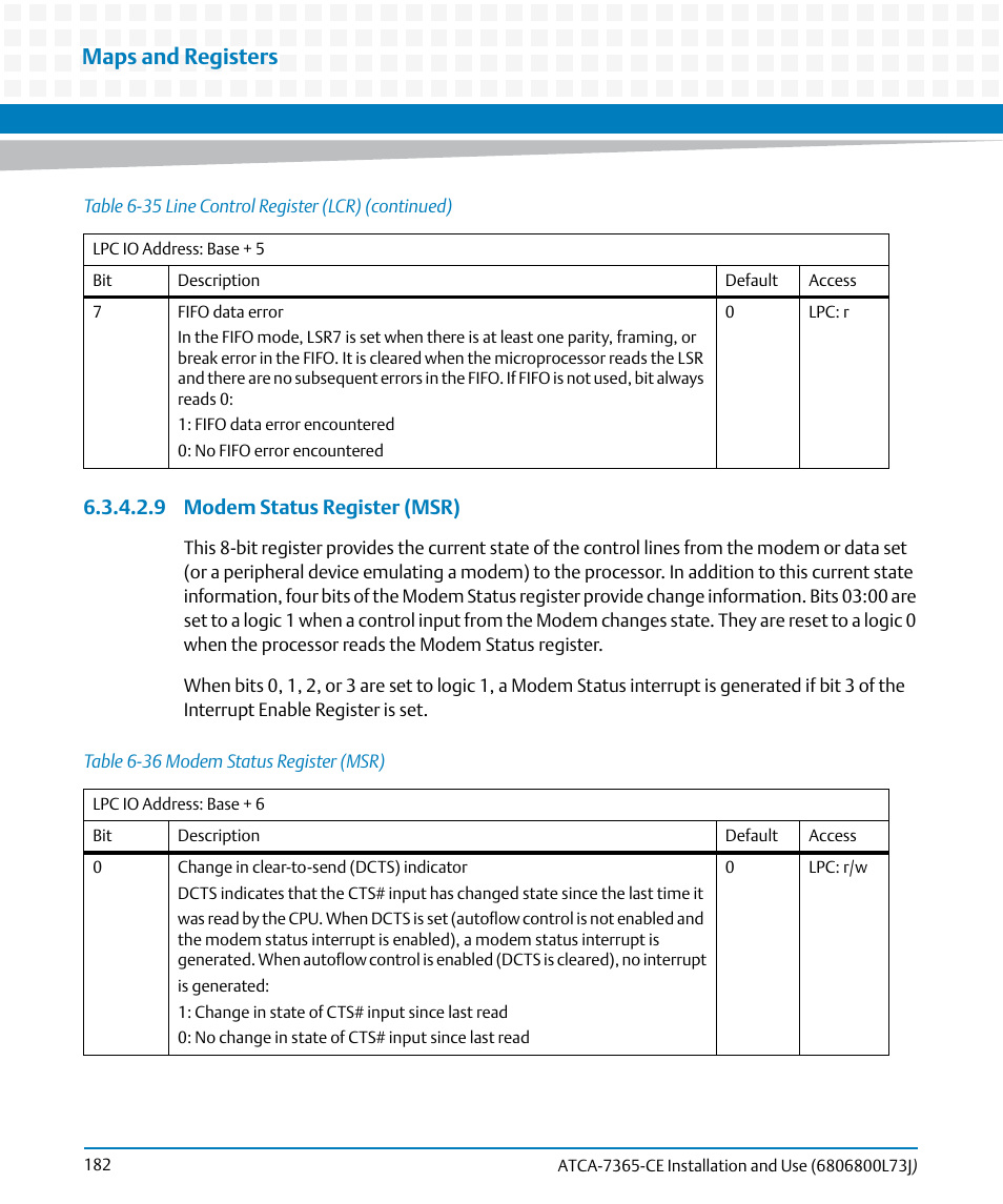 Table 6-36, Modem status register (msr), Maps and registers | Artesyn ATCA-7365-CE Installation and Use (May 2014) User Manual | Page 182 / 294